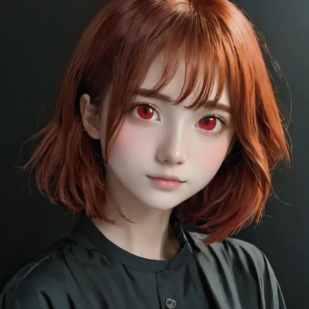 best quality, masterpiece, solo, 1girl, red hair, shirt, red eyes, black beckground, full faces