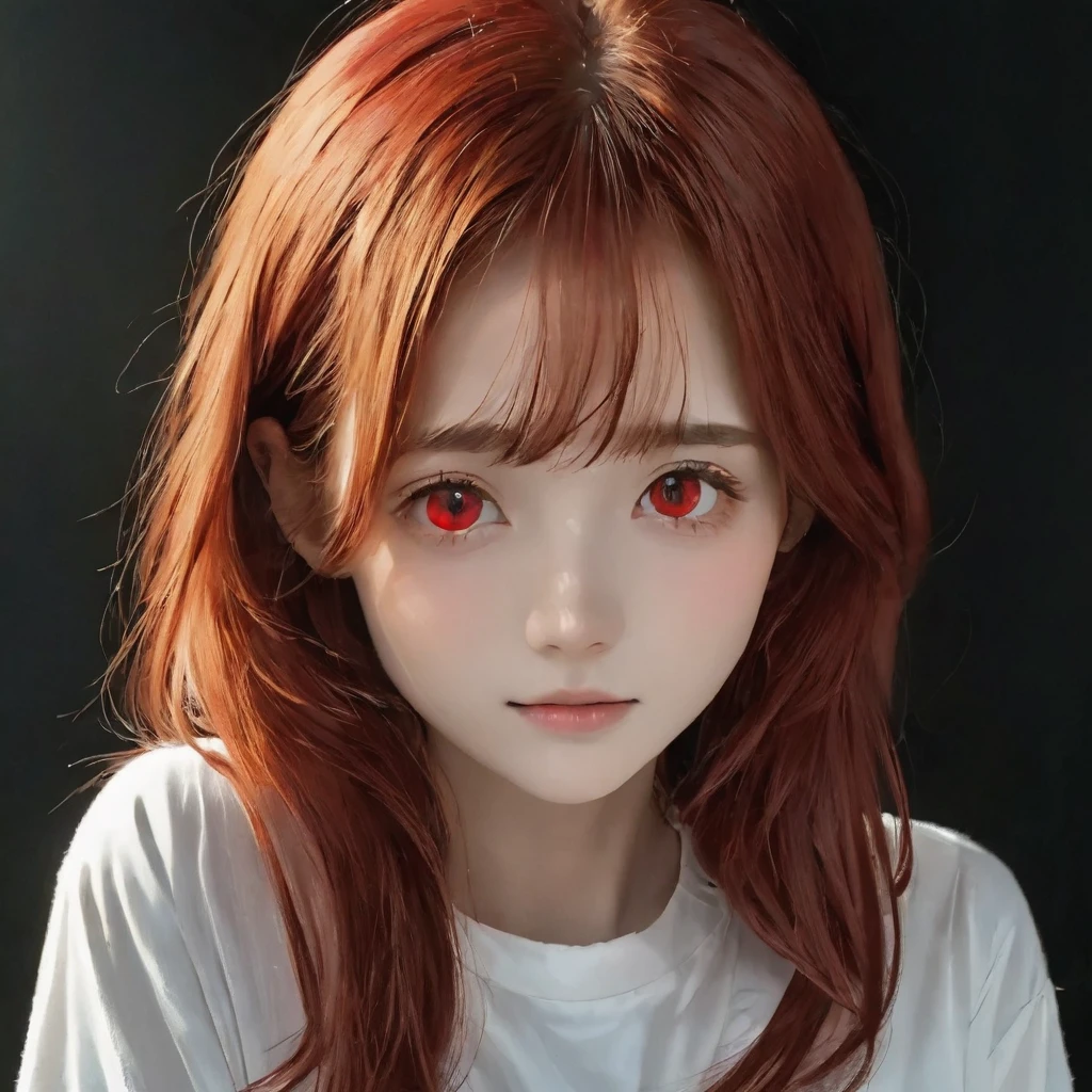 best quality, masterpiece, solo, 1girl, red hair, shirt,  red eyes, black beckground, full faces