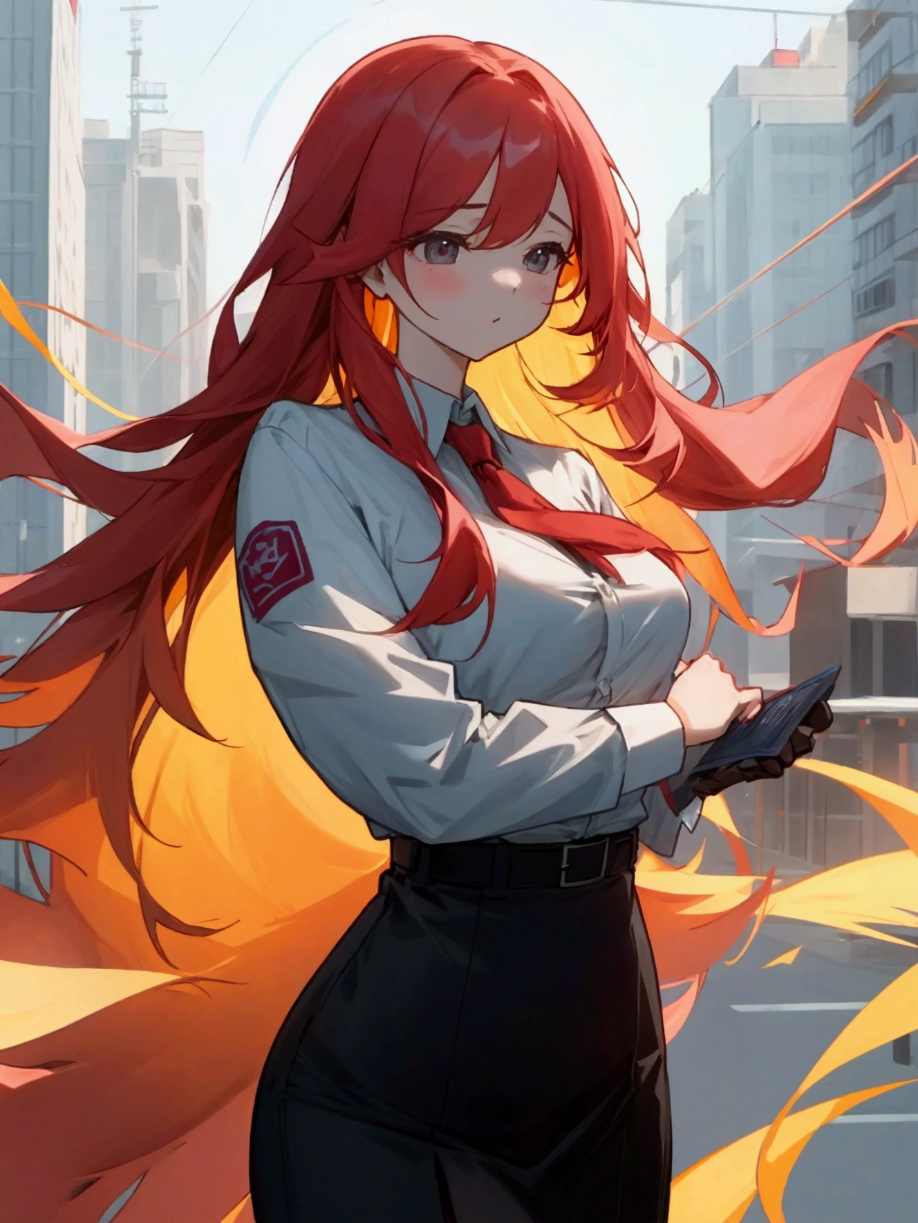 ol professional woman,shirt,Professional hip skirt,25 years old,Red long hair,Very long hair,拿着document,Exciting appearance,whole body,office,Modern city buildings,High heel,document,,High quality illustrations,8K