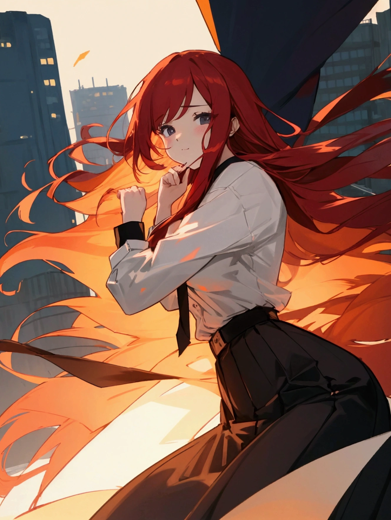 ol professional woman,shirt,Professional hip skirt,25 years old,Red long hair,Very long hair,拿着document,Exciting appearance,whole body,office,Modern city buildings,High heel,document,,High quality illustrations,8K