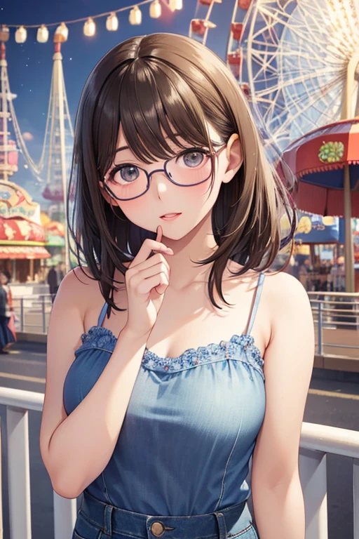anegasaki nene、Shiny brown hair, short hair, (Beautiful brown eyes、Sparkling eyes, Fine grain)、笑face、Ultra-detailed eyes、非常に詳細なface, Highly detailed eyes,


High resolution, Beautiful woman photo detail_face, Young and handsome girl,Realistic:0.5, Perfect Skin, (Wear glasses:1.5), From behind:1.5, (ultra-Detailed Background, Detailed Background), Bokeh, Have a happy expression, Happy emotions, nice,Pure, beautyfull detailed face and eyes,chest, (Iris:1.1), (Very cute and beautiful Japanese women), (Sexy Girl), (Professional attire:1.3), (22 years old: 1.1), break, (niceな衣装:1.2), (Detailed blue camisole:1.2), (Skinny denim pants:1.2),
 chestの谷間, Beautifully detailed skin, (cute:1.2),  ((Pop Idols of Japan)), (Upper thigh:0.6), (Depth of written boundary),Soft Light, Lens Glow View your viewers, (Droopy eyes:1.2), Straight teeth,笑face, Floating Hair,  brown eyes break movie scene, Cinematic, Full Color, 4K, 8K, 16K, RAW Photos, masterpiece, Professionally color coded, Professional photography, high school girl, , Soft Clean Focus, Realistic lighting and shading, (Very delicate and beautiful art)1.3, elegant,Active Angle,dynamism pose break  美しい目, Princess Eyes, (Big eyes:1.3),  
 , (medium-chest:0.95), (Narrow waist: 1.15), (Detailed beautiful girl: 1.4), 
 Part your lips, Red lips, full-make-up face, (Shiny skin), ((Perfect female body)), (Upper body image:1.3), Perfect Anatomy, Perfect proportions,,(1 Girl with Glasses:1.3, alone), ,(blush:1.1), Gray background, alone focus, (Bust Shot:1.2), Cinematic light, (Nostalgic night view:1.4), (amusement park:1.4), (Merry-go-round、Ferris wheel、roller coaster),  (View your viewers:1.2