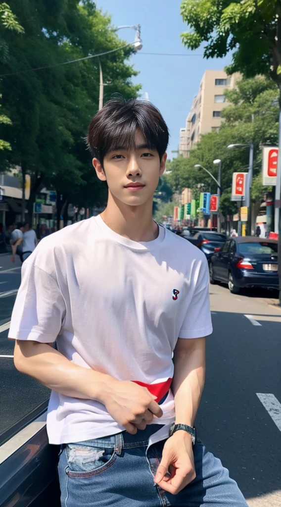 ((realistic daylight)) , Korean guy in only a navy blue shirt and jeans., A handsome, muscular young Asian man looks at the camera. In a simple t-shirt blue and red , roadside traffic ,((look sideways))