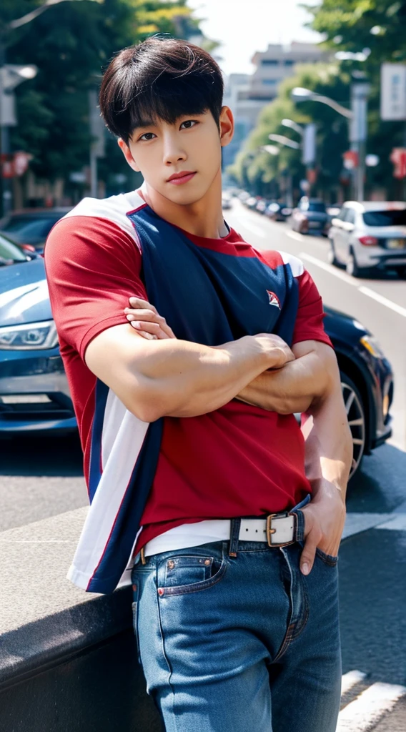 ((realistic daylight)) , Korean guy in only a navy blue shirt and jeans., A handsome, muscular young Asian man looks at the camera. In a simple t-shirt blue and red , roadside traffic ,((look sideways))