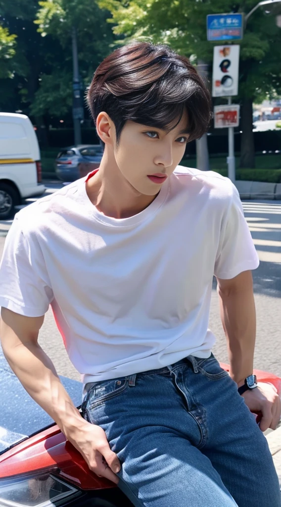 ((realistic daylight)) , Korean guy in only a navy blue shirt and jeans., A handsome, muscular young Asian man looks at the camera. In a simple t-shirt blue and red , roadside traffic ,((look sideways))