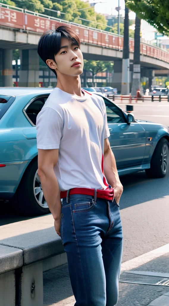 ((realistic daylight)) , Korean guy in only a navy blue shirt and jeans., A handsome, muscular young Asian man looks at the camera. In a simple t-shirt blue and red , roadside traffic ,((look sideways))