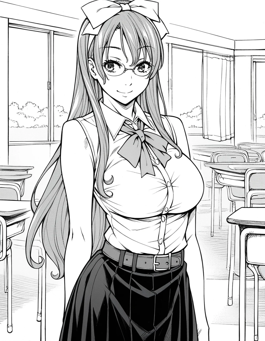 score_9, score_8_superior, score_7_superior, sauce_anime,
Seto Yuki Amamori, amamori, Long Hair, Monochrome, grayscale, Glasses, Large Breasts,
skirt, bow, , hair bow, tie, No sleeve, shirt, collared shirt, belt,
indoor, classroom, I had already finished, smile,
View your viewers, alone, Dutch Angle, Cowboy Shot,