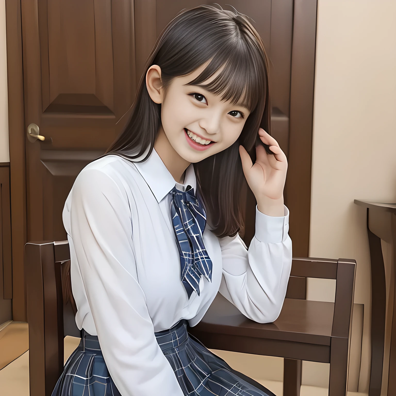 (Highest quality, masterpiece:1.2), Highest quality, High resolution, 1080P, 8K, height: 158cm, ((A noble and intelligent girl who looks like a cute Japanese young lady is giggling while magically hypnotizing the viewer)), ((So sweet, very noble, cute and pretty Japanese beautiful cute girl)), ((A real, very girly, sweet, cute and noble girl)), ((Many sacred beautiful woman dolls in the background)), ((((A 14 years old, smiling beautiful Japanese cute fashion model)))), ((((Very pure white face and limbs)))), Glossy Lips, (Evenly cut bangs), ((Very beautiful, smiling brown, droopy, cute, pure, noble eyes)), ((Super long, straight black hair that reaches the floor)), Very shiny, Glossy Lips, Open hand over open mouth, Beautiful straight hair like a hair model, Watch and laugh at your audience, ((Incredibly well organized, Rich facial expressions. Plump and beautiful white skin and face)), ((Pure, clear, gentle smiling eyes)), ((Smile at me)), Glossy Lips, ((Noble and elegant)), ((As the succubus charms you with her magic and giggles)), ((((Succubus is fascinating、Calling to the depths of eternity)))), Very beautiful blue skirt, ((Large upward-curving lips)), ((Look directly at the viewer)), White Hand, ((Navy Japanese School Blazer, Navy and sapphire blue Japanese school uniform tartan check pattern pleated long skirt, Blue string ribbon tie)), ((((An ecstatic expression of boundless joy)))), ((Black background))