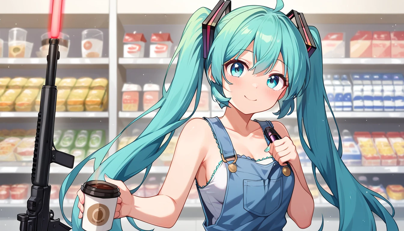 ((1girls:1.3)), ((moe style:1.3)), ((overalls:1.3)), ((convenience store:1.3)), ((control panel:1.3)), ((laser rifle:1.3)), ((takeout meal:1.3)), ((coffee:1.3)), hatsune miku, thinking, ((perfect face)), ((extremely cute:1.3)), ((masterpiece:1.3)), ((8k)), ((best quality:1.3)), ((beautiful)), ((extremely detailed:1.3)) , ((absurdres)), AddXL, ((score_9:1.3)), ((score_8_up:1.3)), ((score_7_up:1.3)), Expressiveh  