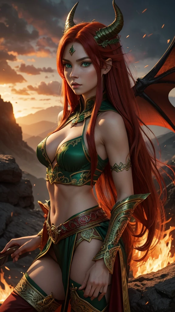 Best quality, cinematic image, detailed image, fantasy, detailed face, detailed beautiful green eyes, Slavic appearance, Beautiful woman, high, Red Dragon, mythical creature, very long lush red hair, Flaming hair, horns, athletic build, dancer outfit, уши дракона, милая улыбка, volcanic terrain
