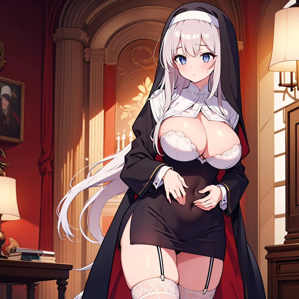 nun,A charismatic woman,((masterpiece,best quality)), 4K, high resolution, 1 Girl, Solitary,The chest is huge,The chest is huge,A charismatic woman,White hair,Black garter stockings,Standing,The chest is huge,The chest is huge,The chest is huge, Exposed belly,dress,beauty