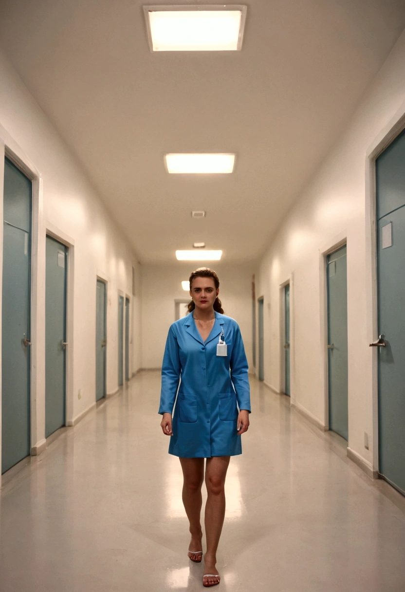 subject: [nurses running around], perspective: [wide shot, eye-level], clothes: [blue scrubs], environment: [hospital, emergency room], medium: [analog photography], lighting: [neon, white, bright], mood: [frantic] photorealism. cinematic lighting. hyper detailed. Ultra realistic Cinematic Shot, nadir camera, 32k, UHD, IMAX film