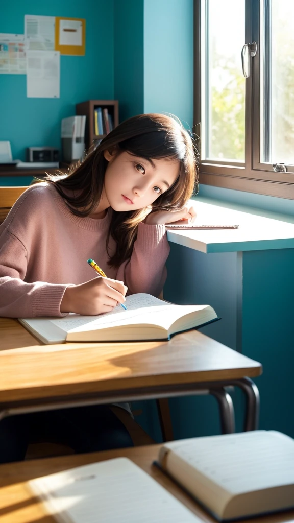 A woman studying for a test in a bright room。She goes to the desk、Textbooks and notebooks、Colorful markers are spread out。He was writing in his notebook with a concentrated expression.、There is a coffee cup on the desk。Soft natural light pours in through the windows.、The whole room is filled with a warm atmosphere.。
