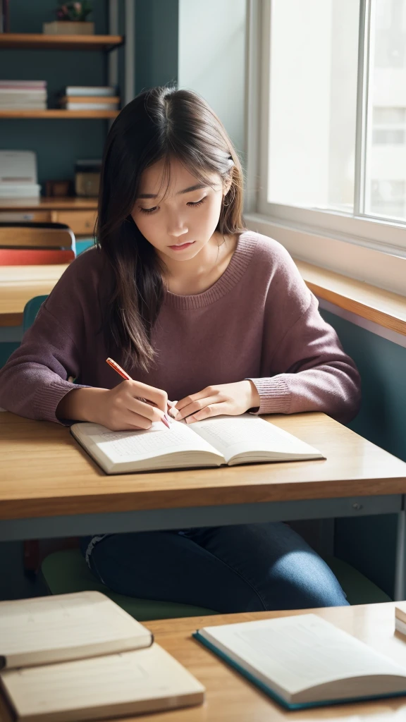 A woman studying for a test in a bright room。She goes to the desk、Textbooks and notebooks、Colorful markers are spread out。He was writing in his notebook with a concentrated expression.、There is a coffee cup on the desk。Soft natural light pours in through the windows.、The whole room is filled with a warm atmosphere.。
