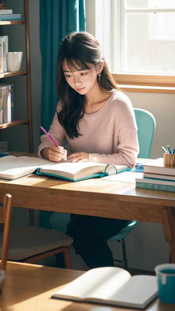 A woman studying for a test in a bright room。She goes to the desk、Textbooks and notebooks、Colorful markers are spread out。He was writing in his notebook with a concentrated expression.、There is a coffee cup on the desk。Soft natural light pours in through the windows.、The whole room is filled with a warm atmosphere.。