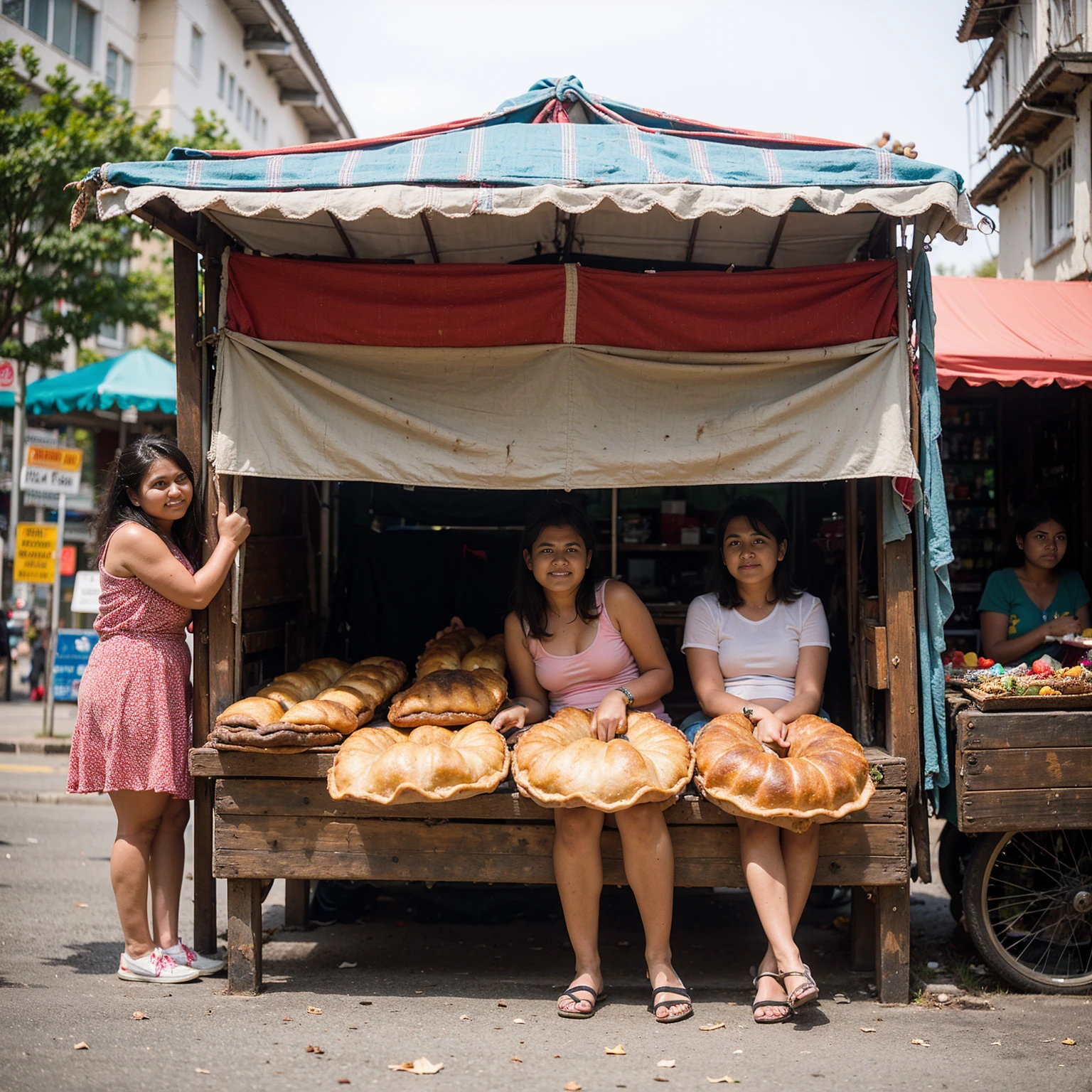 3 14 year old girls, selling empanadas on the street, in a street vendor stall, selling empanadas to their customers, all of them are thin, the image allows to see the whole body of the sellers