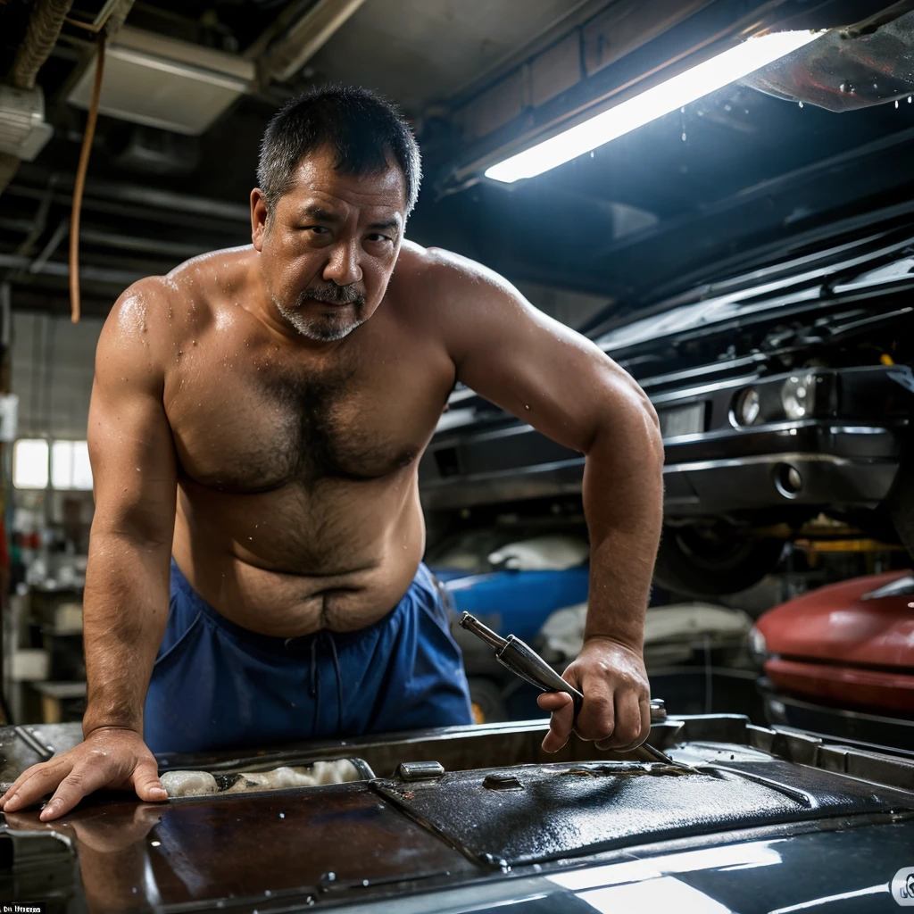 Man, Asian, Fat, Chubby, 50 years old, take of shirt, Shirtless, car mechanic, working in a car repair shop, covered in oil, Wet, Stain, Dirty of Oil, realistic image, sharp 8K, beautiful lighting.