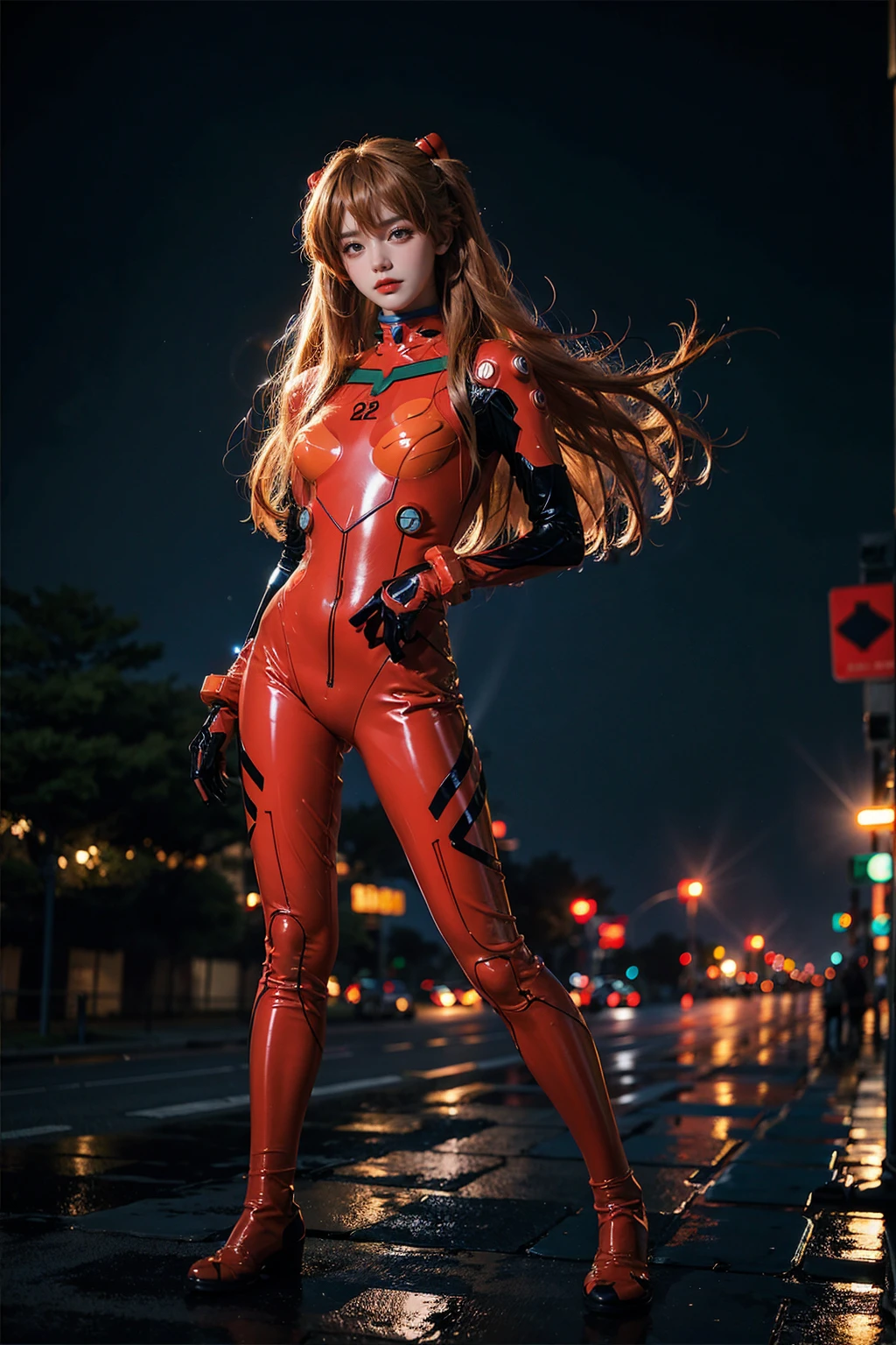 best quality, masterpiece, realistic, photorealistic, 1girl, solo, looking at viewer, full body, standing, long hair, asuka cosplay costume, cosplay, plugsuit, bodysuit, hair ornament, detailed background, in street, night, light, rain,