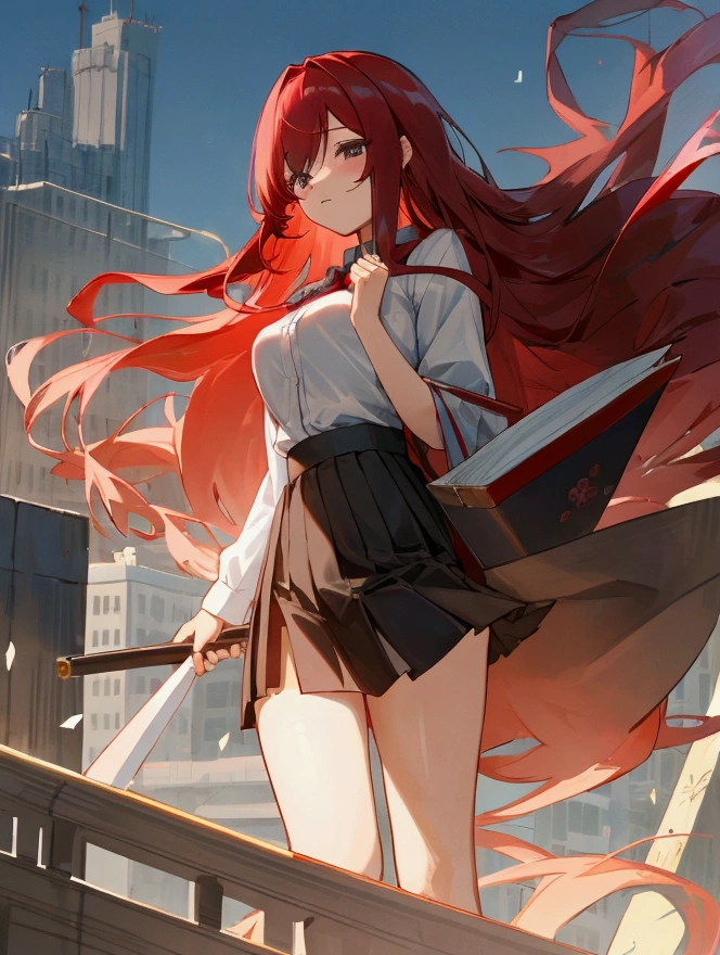 ol professional woman，shirt，Professional hip skirt，25 years old，Red long hair,Very long hair，拿着document,Exciting appearance，whole body，office，Modern city buildings，High heel，document，，High quality illustrations，8K