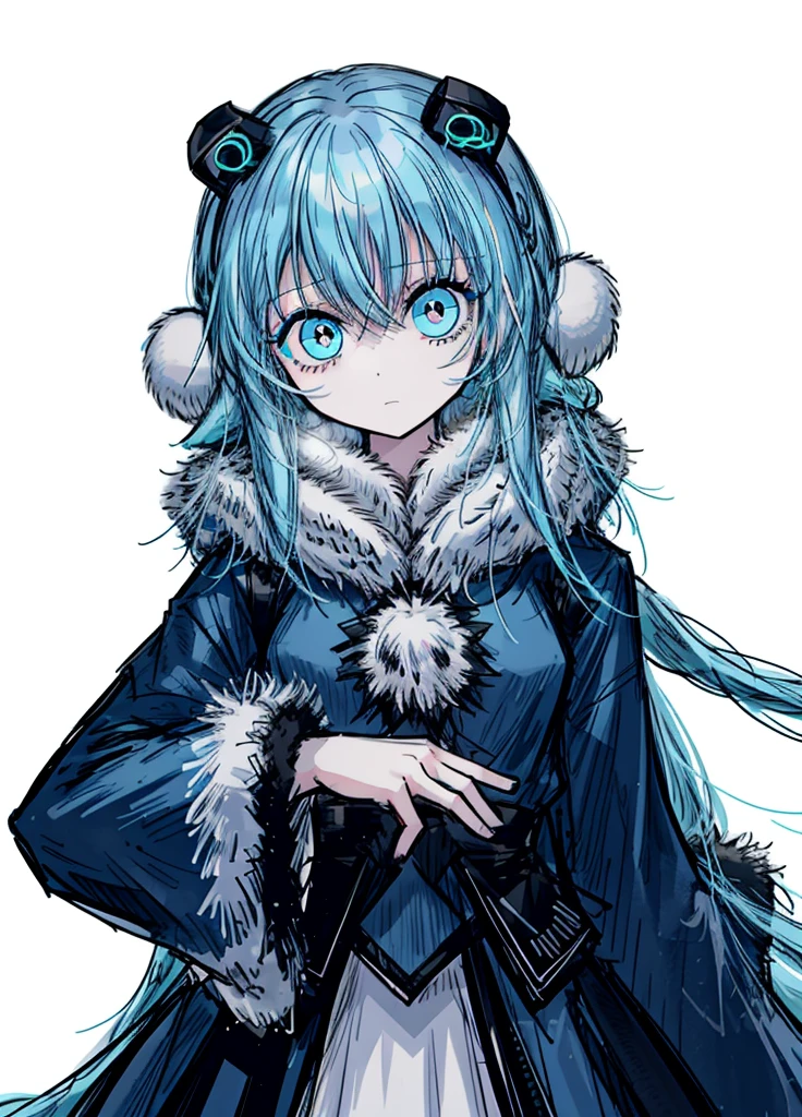 1girl,neon blue hair,long hair, light blue eyes, princess, arctic kingdom, polar fur coat, nice clothes, (high resolution, high detail, best quality), cute
