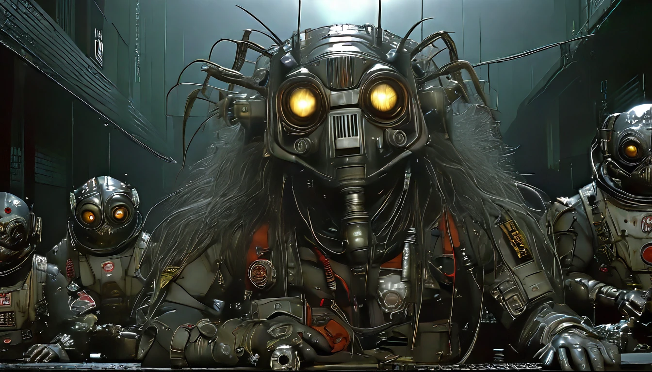 in (medium full shot:3.1) of lot of characters from (Heavy Metal Magazine:3.1), inspired by Andrei Kolkoutine and Clyde Caldwell, in Cyberpunk apocalypse in chaotic world, monsters and robots, wayne barlowe, pierre pellegrini, (with Creepy, Sci-Fi, Fantasy and Horror:2.9) retro sci fi, Horror movie, ((Cinematic film)), ((Ultra Detailed)), Complex, ((Sharp Focus)), Object Texture, Studio Photo, Complex Details, ((Highly Detailed)), Photo Real Style, ((Hyper-realistic)), High Dynamic Range, ((Realistic Textures)), 8K UHD, Nikon D 850, Kodak Portra 400, Fujifilm XT, 3D rendering