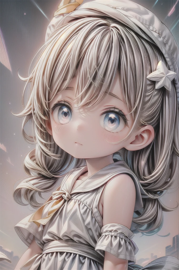 EarthKawaii,professional_artwork,best_quality,(grey and black theme,silver_trim:1.3),1girl,solo,(cute,kawaii,,elegant,evil,perfect_face,beautiful:1.2),silver_hair,long_hair,hair_ornament,hair_intakes,grey_eyes,closed_mouth,sailor_dress,serafuku,sailor_hat,shoulder_sash,star \(symbol\),((Detailed)), ((Masterpiece)), ((Impressive)), ((Magic Circle)), ((Elegant)), ((Mind-blowing)), ((Phenomenal)), anime, Shojo, Drama, digital artwork, Digital masterpiece, Digital masterpiece, Digital illustration, neon light, Neon illumination, Electrifying light, Vibrant glow, 35mm, Panoramic view,Illustration,Cover,enigmatic figure,crystals adorning hair,dreamlike swirl,pastel hues,soft light,evoking calm serenity and elusive beauty,Non-representational,colors and shapes,expression of feelings,imaginative,highly detailed,shoulder_sash,black_trim,grey_eyes,fingerless_gloves,headwear,close-up,looking_at_viewer