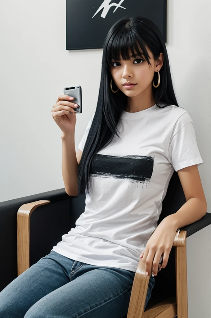 Screenshot of my hero academy.
Girl with long black straight hair, with bangs. He has gray eyes and a neutral expression.. He is wearing a tight white t-shirt with medium-sized pants., He has several piercings in his ears and in his lip he has one on the left and in the background he is in a white room with the walls painted with phrases and drawings with black paint cans, She is sitting in an armchair with her cell phone and a cigarette..