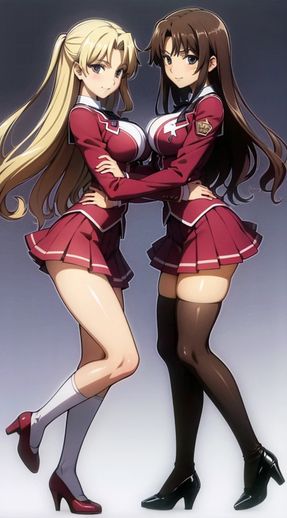 Masterpiece, high quality, 2girls, duo, identical twins, identical sisters, brown hair, curly hair, matching hairstyles, hazel eyes, medium sized bust, (school uniform, sexy school uniform, blazer, lace section, ribbon, rainbow short skirt, white thigh-high socks, black high heels, matching outfits), smile, flat_colour, full body, seductive pose, Duo pose: From the side angle, people's body curves are beautiful.
hugged from the side