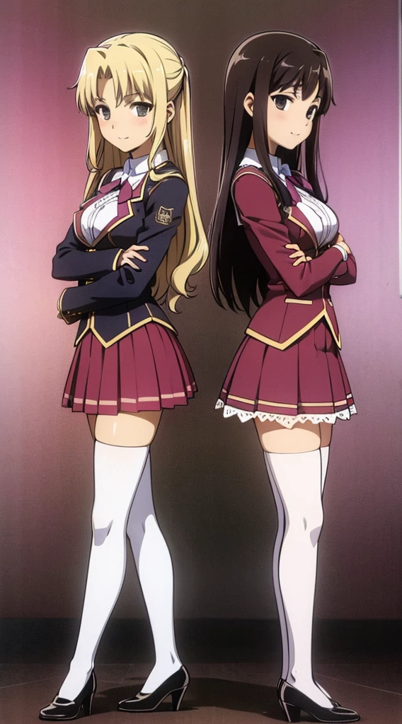 Masterpiece, high quality, 2girls, duo, identical twins, identical sisters, brown hair, curly hair, matching hairstyles, hazel eyes, medium sized bust, (school uniform, sexy school uniform, blazer, lace section, ribbon, rainbow short skirt, white thigh-high socks, black high heels, matching outfits), smile, flat_colour, full body, seductive pose, Duo pose: From the side angle, people&#39;s body curves are beautiful.
hugged from the side