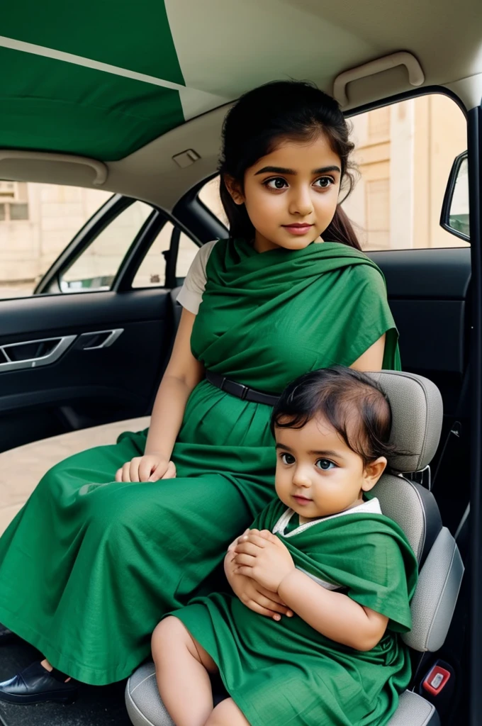 Beautiful baby wearing green dress and Pakistani flag sitting in green car