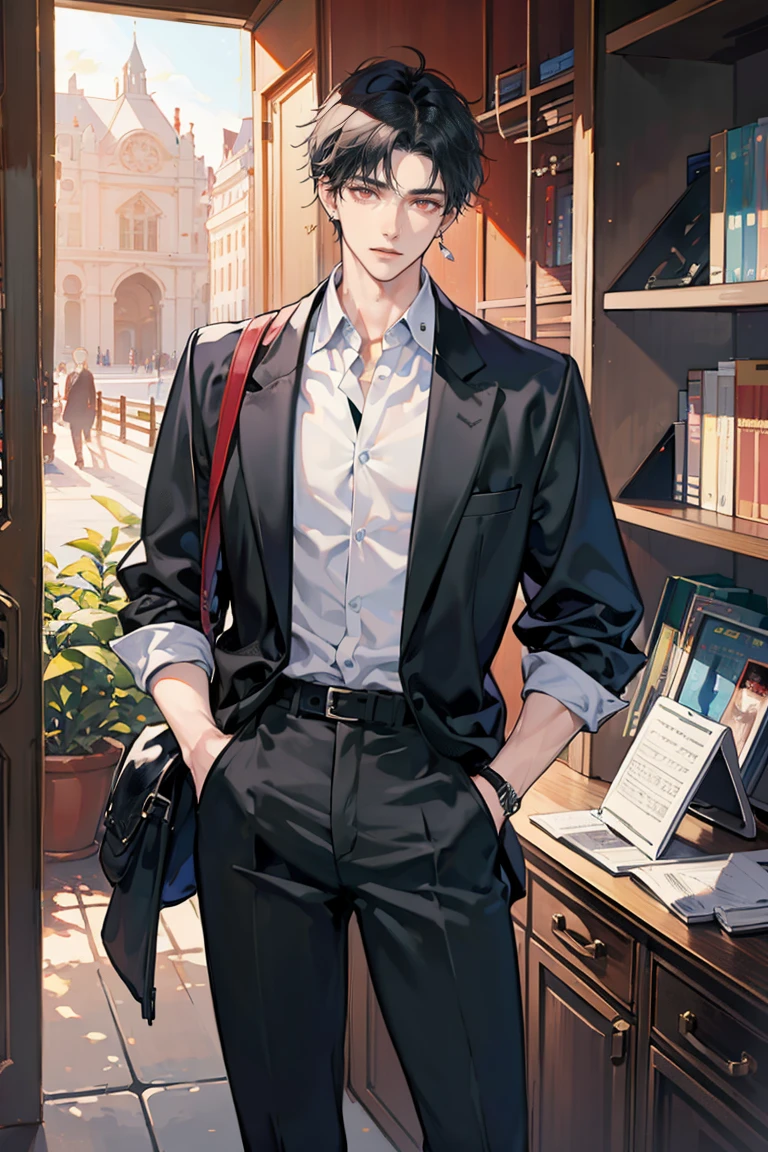 (masterpiece), best quality, seductive eyes, perfect face, handsome man, red eyes, short messy black hair, long nose, black high-school uniform , full body, extremely tall man, long legs, long calves, anime cover, 1boy, ear piercings, hands in pockets, adult-like look, bad boy, the background is a library and he's looking at the book at the top while his hands are on his pockets