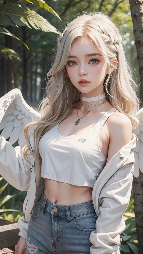 One girl, Large Breasts, Blonde Hair, Long Hair, Wavy Hair, Grey Eyes, White Feather Wings, Angel, Outdoor, White jacket, choker, Tank top, jeans