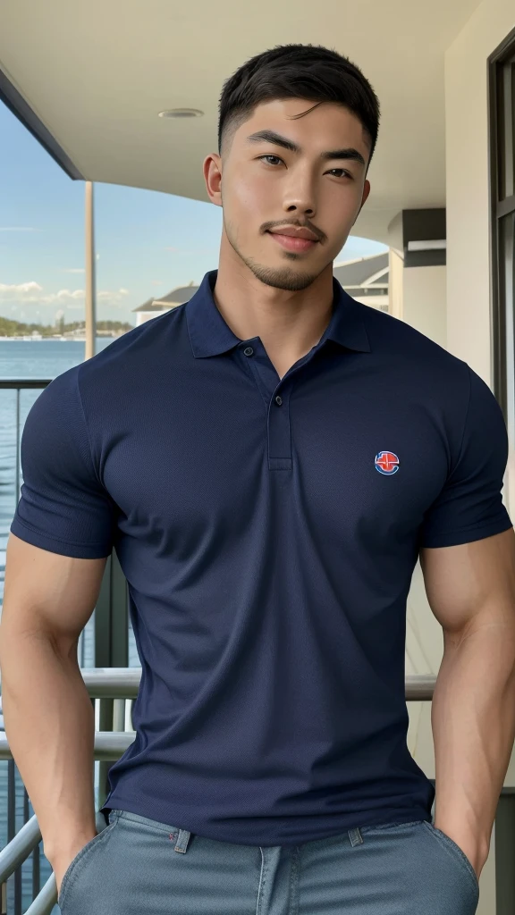 Tony Labrusca, ((realistic daylight)) , Young Korean man in a navy blue polo shirt and jeans, A handsome, muscular young Asian man looks at the camera. In a simple t-shirt blue and red , Waterfront,((look sideways))