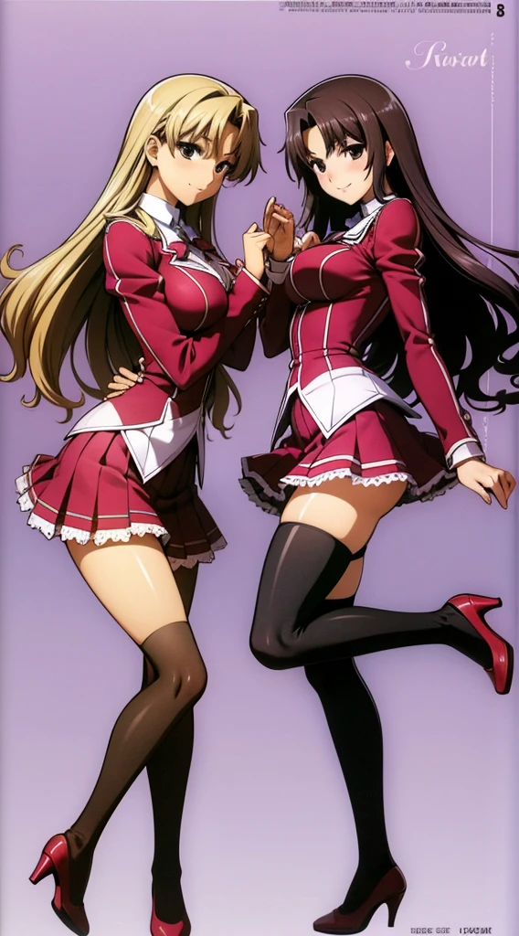 Masterpiece, high quality, 2girls, duo, identical twins, identical sisters, brown hair, curly hair, matching hairstyles, hazel eyes, medium sized bust, (school uniform, sexy school uniform, blazer, lace section, ribbon, rainbow short skirt, white thigh-high socks, black high heels, matching outfits), smile, flat_colour, full body, seductive pose, Duo pose: From the side angle, people&#39;s body curves are beautiful.
hugged from the side