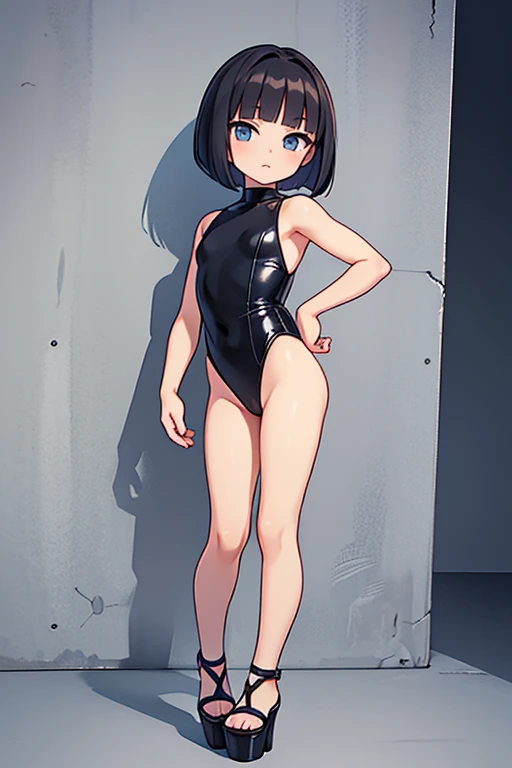 _yead girligh cut leotard, standing, fullbody, front pose, Bob cut leotard, platform heels,