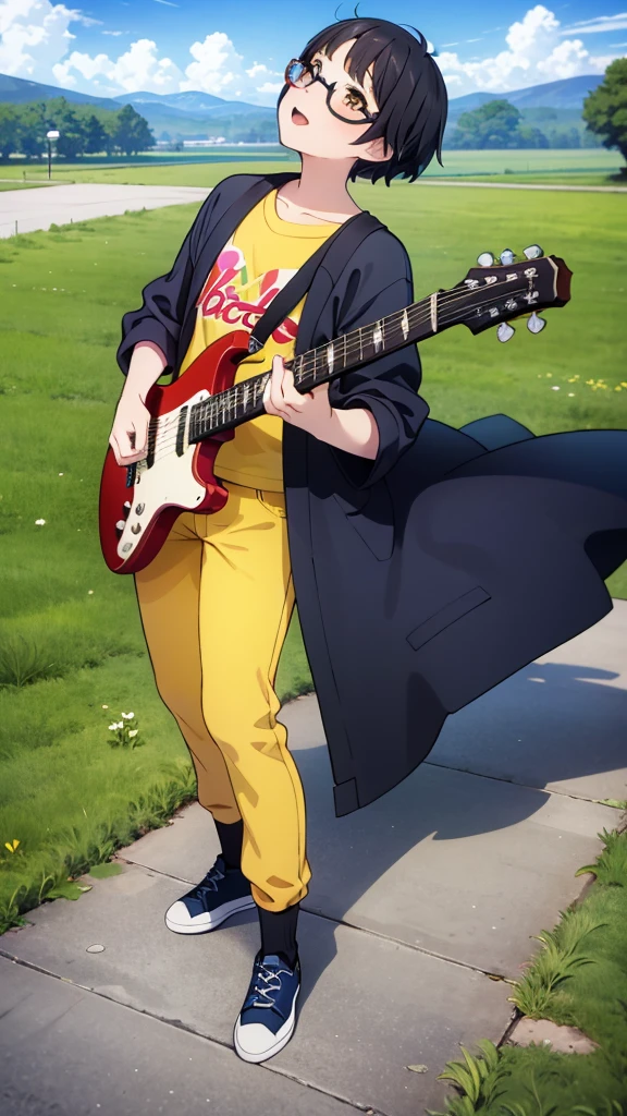 ((Highest quality)), ((masterpiece)), (detailed), A street musician boy with black hair and glasses sits on the grass on the river bank, looking up at the sky and singing while playing an electric guitar.、Cool revolution yellow baseball shirt、Summer long pants、