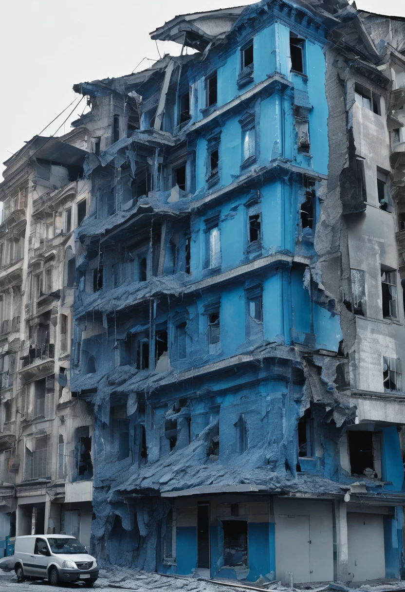 Building collapsing, all blue color