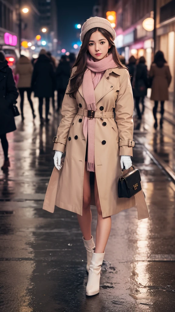 1girl with long brown hair wearing a fully buttoned up and belted buckle beige trench coat with a large pink winter wool scarf and white gloves at the hard rainy night city street full body 8k