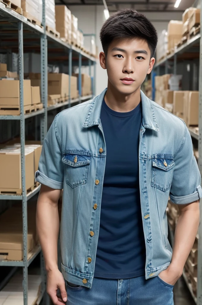 ((realistic daylight)) , Young Korean man in only a green t-shirt, no pattern. (Denim coat)  Jeans, A handsome, muscular young Asian man looks at the camera. In a simple t-shirt blue and red , Along the warehouse ,turn sideways