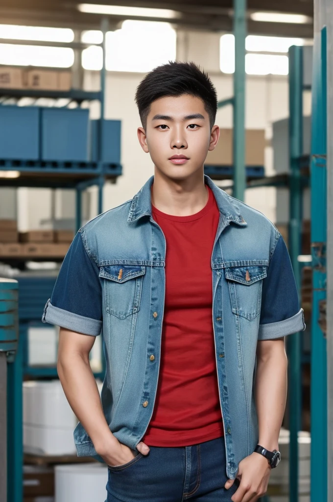 ((realistic daylight)) , Young Korean man in only a green t-shirt, no pattern. (Denim coat)  Jeans, A handsome, muscular young Asian man looks at the camera. In a simple t-shirt blue and red , Along the warehouse ,turn sideways