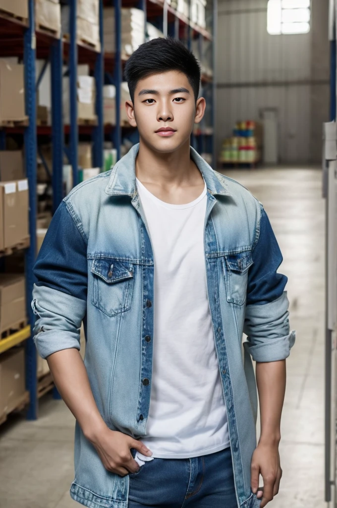 ((realistic daylight)) , Young Korean man in only a green t-shirt, no pattern. (Denim coat) Jeans, A handsome, muscular young Asian man looks at the camera. In a simple t-shirt blue and red , Along the warehouse ,turn sideways