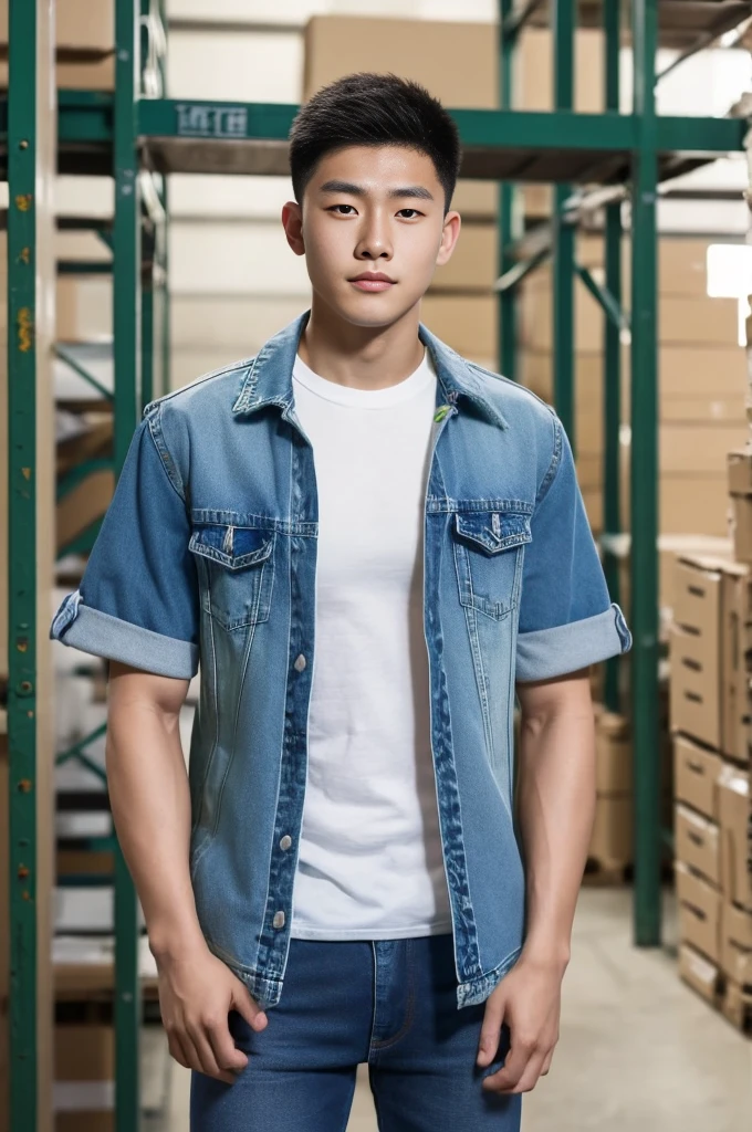 ((realistic daylight)) , Young Korean man in only a green t-shirt, no pattern. (Denim coat) Jeans, A handsome, muscular young Asian man looks at the camera. In a simple t-shirt blue and red , Along the warehouse ,turn sideways