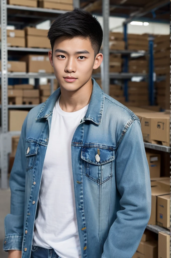 ((realistic daylight)) , Young Korean man in only a green t-shirt, no pattern. (Denim coat)  Jeans, A handsome, muscular young Asian man looks at the camera. In a simple t-shirt blue and red , Along the warehouse ,turn sideways