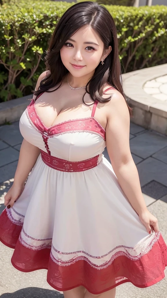 A beautiful and hot almost chubby mature woman.who is wearing a patterned short dress and is and standing in the resort. A smiling face、sexy woman、A radiant smile、adorable、race、Frills、Colorful design、Full-length mirror、An inviting gaze、Gorgeous long and beautiful hairstyle、variation Hairstyle、Open neck blouse、Alluring、Flower Garden、Sparkling、elegant princess、Full body description、1people。Front view