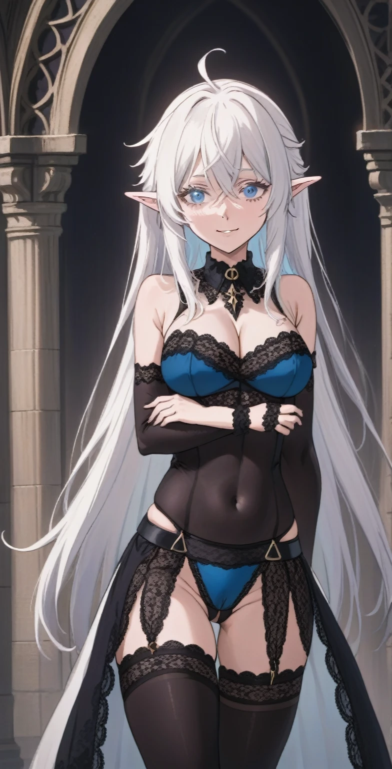 schnee raizer, long hair, 1girl, pointy ears, white hair, elf, solo, hair between eyes, blue eyes, large breasts, black bra, black lace panties, black garterbelt with stocking,smile, looking at viewer, full body, score_9, score_8_up, score_7_up, , anime coloring ,BREAK source_anime, anime