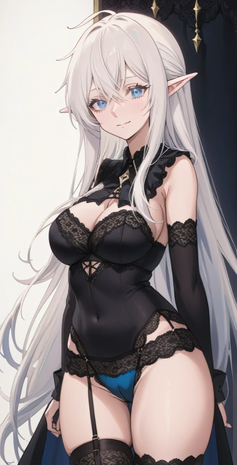 schnee raizer, long hair, 1girl, pointy ears, white hair, elf, solo, hair between eyes, blue eyes, large breasts, black bra, black lace panties, black garterbelt with stocking,smile, looking at viewer, full body, score_9, score_8_up, score_7_up, , anime coloring ,BREAK source_anime, anime