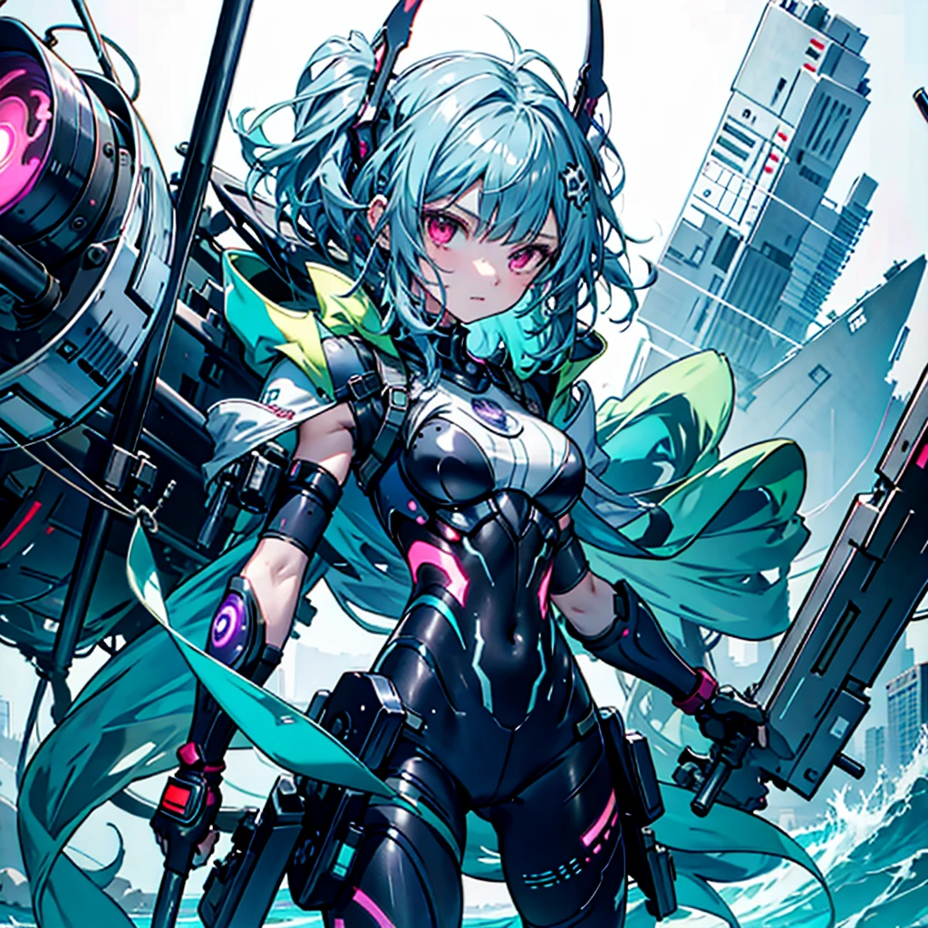 (Tabletop), (Perfect athletic body:1.2), Anime Style, whole body, Cyberpunk Girl, Sea green twin hairstyle with red eyes, Wearing a Cyber Costume, Black and Purple Flaming Fist, Burnt mechanical limbs, Standing in the Wilderness, Flame burning in the chest, White Background, whole body,composition