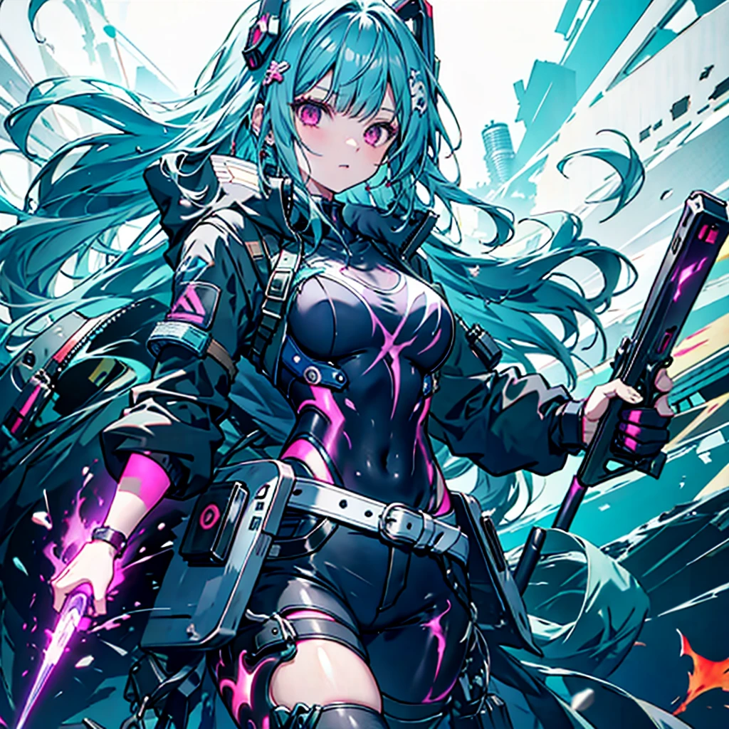 (Tabletop), (Perfect athletic body:1.2), Anime Style, whole body, Cyberpunk Girl, Sea green twin hairstyle with red eyes, Wearing a Cyber Costume, Black and Purple Flaming Fist, Burnt mechanical limbs, Standing in the Wilderness, Flame burning in the chest, White Background, whole body,composition