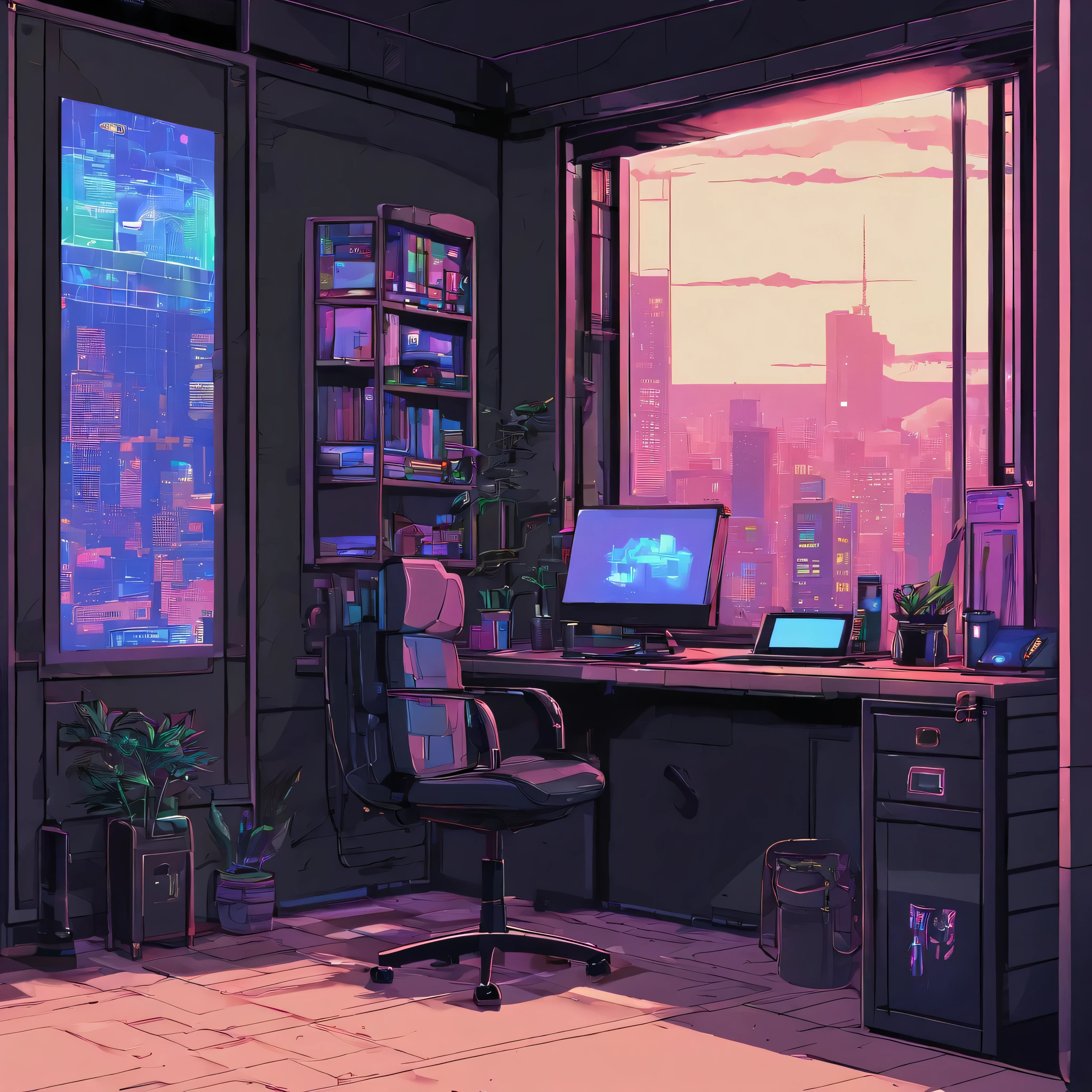 black study room，Cyberpunk lighting design，There is a tatami bed，You can see the luxurious cyber city outside the large glass window，There are skateboards，pixal style，Realistic visual experience