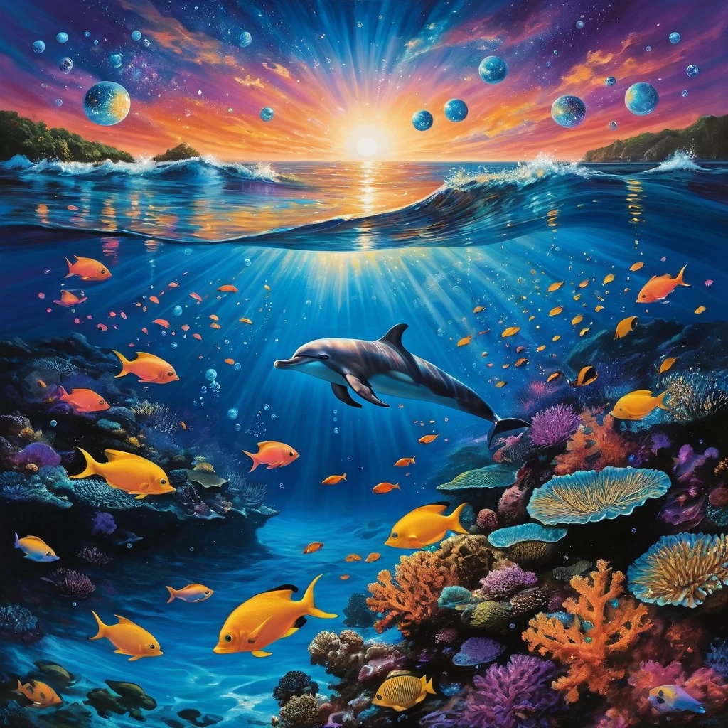 Ethereal Ocean and Cosmic Connection
Foreground: A diver gracefully swims through a vibrant coral reef, surrounded by colorful tropical fish and pulsating corals. Bioluminescent creatures dance around her, leaving trails of light.
Midground: Floating orbs of bioluminescence emit a soft blue glow, casting mystical reflections on the water.
Background (Underwater): As the scene transitions towards the surface, the water gradually blends with the cosmos. A breaking wave reveals a giant human eye within its swirling crests, symbolizing divine observation.
Above the Water: A dolphin leaps gracefully above the wave, leaving a trail of stardust. Ethereal bubbles reflecting the cosmic sky float around the scene.
Sky: The sky is a mesmerizing blend of blue, violet, and golden hues, with a luminous moon that seems both close and distant. The entire scene is enveloped in a shimmering mist, giving it an ethereal quality.