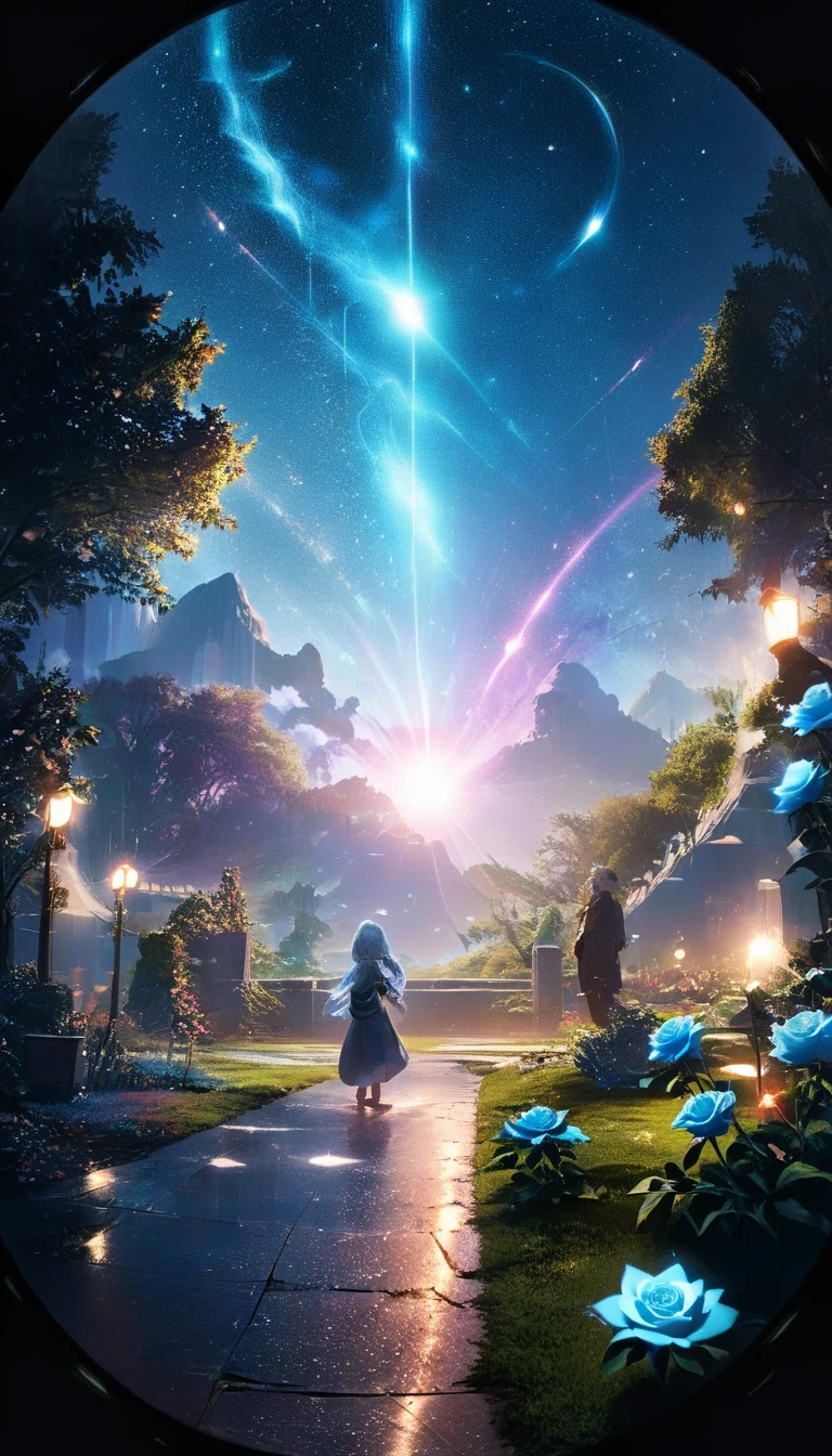 masterpiece, Concept Art, Panorama, in the center, shape, Wide Shot, garden, night, (meteor), Space galaxy background, (Great composition, Epic scale), Dynamic Lighting, Bright colors, Blue rose,landscape longeyelashes, solid circle eyes, silver hair, half-closed eyes, sad, drop shadow, anaglyph, stereogram, tachi-e, atmospheric perspective, wide shot, reflection light, 8K, super detail, best quality, anatomically correct